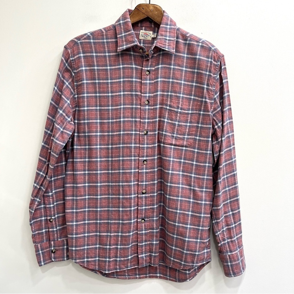 Faherty Pink Blue Plaid Men's Small Long Sleeve Button Up Shirt Cotton Flannel